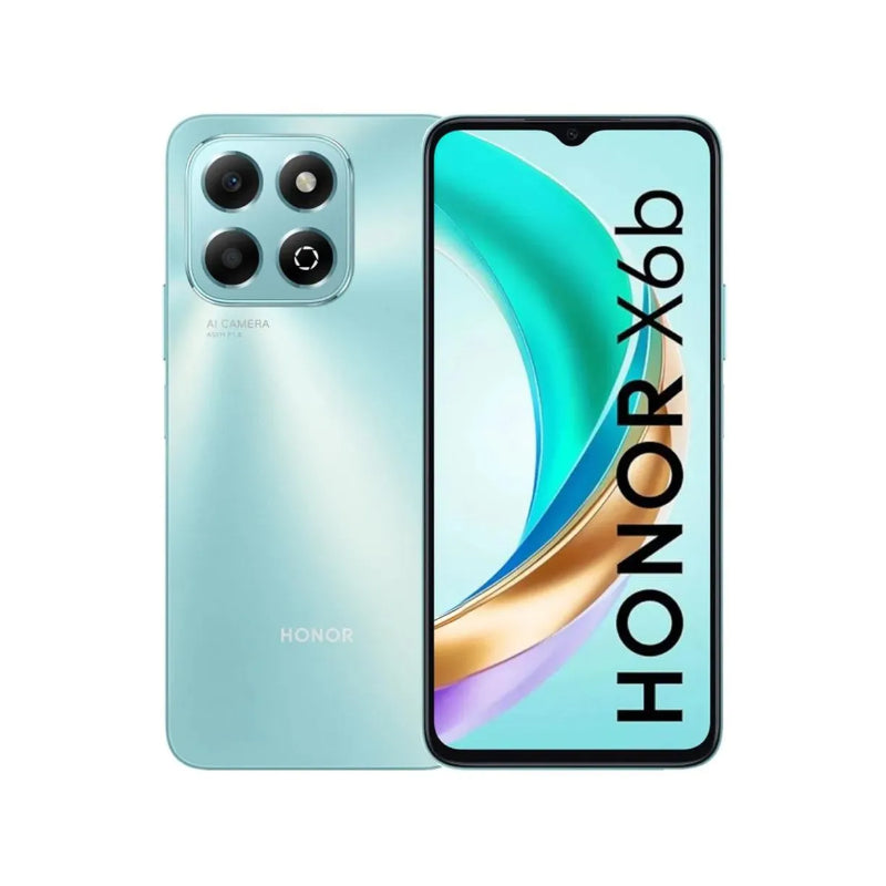 HONOR X6b smartphone in green color with a quad-camera setup on the back and the brand name displayed on the front screen.